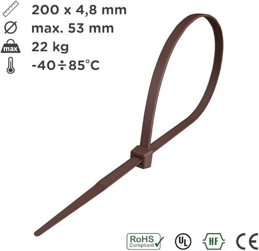 Kabelbinder 200 x 4,8 mm – 100 Stück in Braun/Dunkelbraun für vielseitigen Einsatz